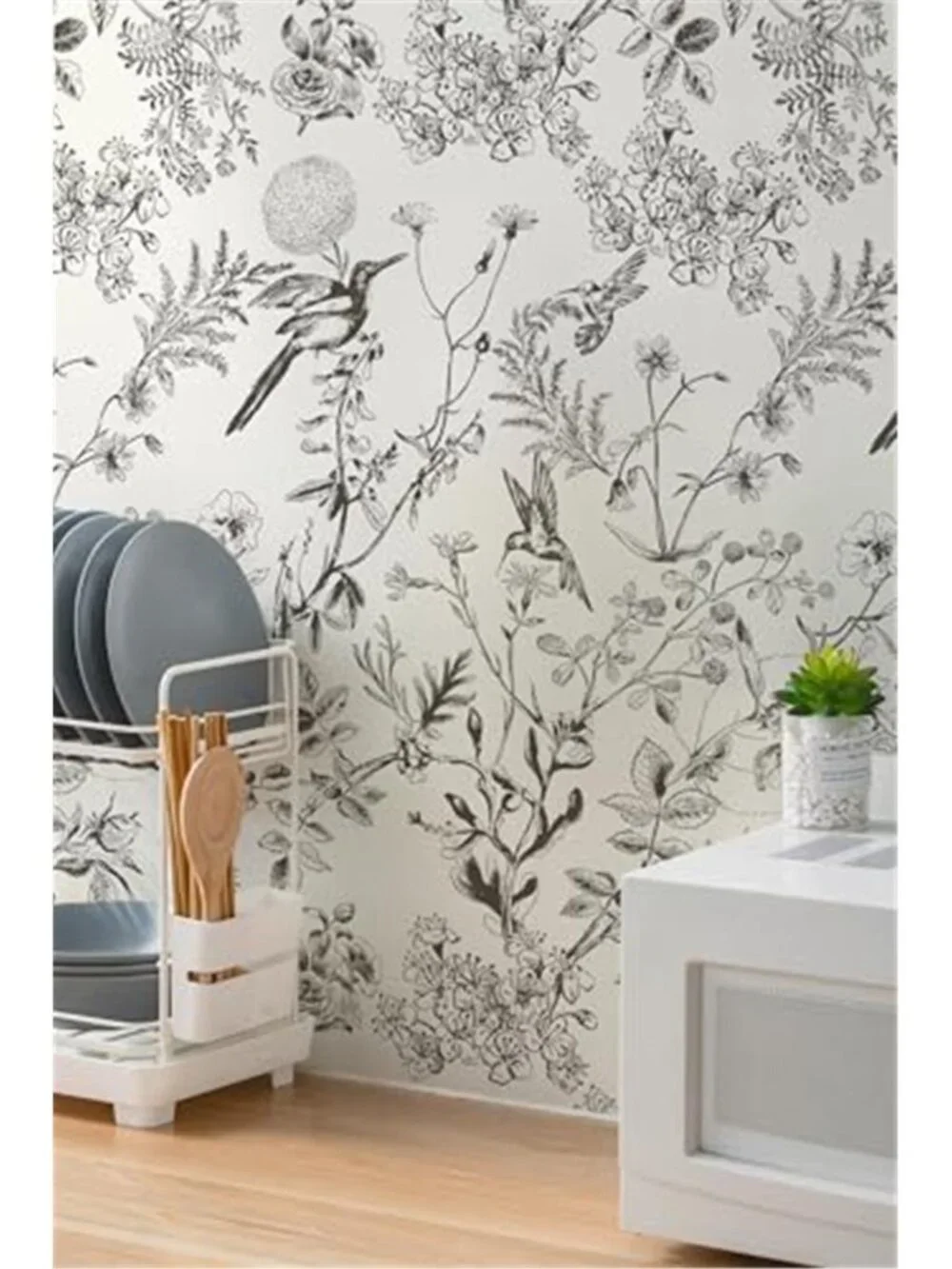 Floral Bird Wallpaper Peel and Stick Removable Self Adhesive Contact Paper Black